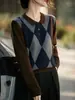 Suéter de Punto Fino con Cuello Polo para Mujer, Manga Larga, Patrón de Diamantes, Bloques de Color, Suéter Básico, Nuevo para Otoño e Invierno 2026