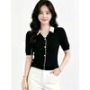 Top de Punto con Solapa de Color Contrastante de Manga Corta para Mujer, Nuevo Estilo Verano 2026, Gama Alta, Elegante, Casual, Top Adelgazante