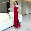 Vestido de alça vazada para mulheres, justo ao corpo, acinturado, vestido longo estilo sereia com fenda, vestido formal branco com atmosfera de festa