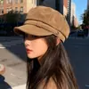 Boina Retro de Ante Japonés para Mujer, Nuevo Sombrero de Pintor de Copa Plana para Otoño e Invierno, Circunferencia de Cabeza Grande, Sombrero Azul Marino para Adelgazar la Cara