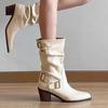 Botas Martin de Verano 2025 para Mujer con Hebilla de Cinturón de Alta Gama, Punta Afilada, Tacón Grueso, Botas Slouch, Botas Vaqueras Occidentales