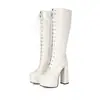 Botas de salto alto plus size para outono e inverno com bico redondo e plataforma impermeável, botas femininas de couro patenteado para exportação, botas de moda femininas versáteis de salto ultrarrasteira cor sólida
