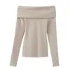 Suéter de tricô rosa suave ombro a ombro para mulheres, pulôver de outono, top preto ombro a ombro