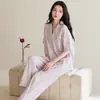Pijama de Algodão Puro Manga Curta Calça Longa Feminino 100% Algodão Manga Curta Calça Longa Cardigã Lapela Transmissão ao Vivo Tamanho Grande Roupa de Casa Feminina