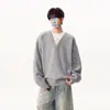 Suéter de punto para hombre estilo retro americano de dos piezas falsas, jersey de otoño e invierno, top de punto holgado de manga larga, chaqueta elegante