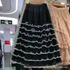 Estilo Nuevo Otoño e Invierno Falda de Malla con Borde de Oreja para Mujer de Longitud Media de Cintura Alta Falda de Pastel Hinchada Línea A Falda Media