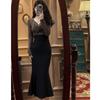 Vestido Coreano de Cuello en V Transfronterizo para Mujer, Nuevo Top de Manga Larga con Nudo Retorcido + Falda Cola de Pez con Abertura, Elegante Conjunto de Dos Piezas