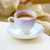 Taza de Café de Cerámica con Esmalte de Cristal Degradado, Juego de Taza y Platillo de Té de la Tarde de Alta Gama y Exquisito para Mujeres, Taza de Latte de Alto Valor