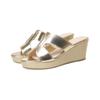 Sandalias de Cuña de Cuero para Mujer 2024 Verano Nuevo Outfit Oro y Plata Pez Teta Suela Gruesa Sandalias de Tacón Alto