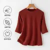 Camiseta básica de cuello redondo y manga corta para mujer de talla grande, otoño e invierno, para damas de talla grande, hecha de tela modal, con mangas de tres cuartos, top cepillado