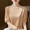 Camisa de mujer de manga corta estilo francés con cuello de satén y diamantes, diseño elegante, versátil y moderna, adelgazante, suave, sedosa, ligera y a la moda