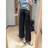Calça Jeans Cropped de Algodão com Pregas Duplas Tridimensionais, Perna Larga, Moda Coreana Transfronteiriça, Outono Inicial, Solta, Reta, Casual para Mulheres