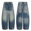 K5601 Estilo Retro Americano High Street Unisex Lavado Vintage Azul Diseño Jeans Holgados para Hombre Forma de Cimitarra