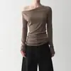Camiseta de Manga Larga Off-Shoulder Estilo Puro Deseo Estilo Coreano, Top Ceñido a la Cintura con Fruncido Adelgazante, Camiseta Básica Trendy Chica Picante