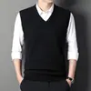 Colete de Lã Outono e Inverno para Homens, Suéter sem Mangas Gola V, Estilo Pai, Colete Tricotado Tamanho Grande, Colete de Lã