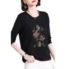 Playera de Moda de Manga Larga para Mujer 2025 Nuevo Primavera y Otoño Madre de Mediana Edad Negra Cuello Redondo Top Básico con Hermoso Bordado