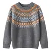 Suéter de tricô infantil Fair Isle versátil com gola redonda, blusa de malha jacquard de caimento solto para outono e inverno