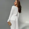 Pijama Casual de Punto Hueco de Manga Larga y Pantalón Largo de Nuevo Estilo Europeo y Americano Transfronterizo 2026, Ropa de Casa Cómoda para Mujer, Sencilla y Casual
