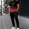Amazon Y2 Novo Conjunto Masculino de Camiseta com Gola Redonda + Calça Estampado 3D Moda Simples Casual Esportivo Conjunto de Duas Peças