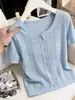 Camiseta de punto azul de manga corta, hueca, de cuello redondo, estilo coreano, con botones, para mujer, nueva y elegante, verano 2026, 12823
