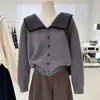 Casaco Cardigan de Tricô Listrado com Botões Gola Azul Marinho Estilo Coreano Soltinho Outono e Inverno Tamanho Grande Emagrecedor para Mulheres