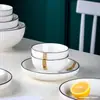 Juego de Cuenco y Plato de Cerámica Jingdezhen para Uso Doméstico Estilo Japonés Raya Vertical Línea Negra Color Bajo Esmalte Vajilla Cuenco Grande para Sopa y Fideos para Uso Doméstico