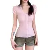 "4.1/Novedad de Primavera" Xuan Xiao Jie Camiseta de Punto Hueco de Manga Corta con Cuello en V de Color Sólido para Mujer