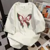 Camiseta de Manga Corta con Estampado de Mariposa Graffiti y Letras, Diseño de Moda Nacional Estilo Ins, Top Suelto Versátil para Pareja