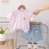 2025 Nuevo Estilo de Verano Moda para Niña Manga de Encaje de Moda Conjunto de Dos Piezas de Manga Corta Moda para Bebé Shorts de Mezclilla Suave y Fina