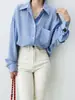 Nueva Exquisita Camisa de Seda de Manga Larga con Rayas Azules y Blancas Estilo Francés para Mujer Hebilla Suelta Hermosa Camisa de Seda de Morera
