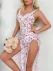 Pijama Sexy e Interesante Transfronterizo, Pechos Grandes, Malla Estampada Push-Up Pequeño, Falda Larga Ceñida con Abertura, Conjunto de Dos Piezas con Tanga