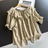 2026 Tencel Linho Gola Folha de Lótus Manga Bufante Camiseta Fina Blusa Manga Curta Camisa Básica Atacado H20Et5126