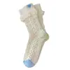 Meias brancas estilo infantil meias listradas de cano médio algodão de Xinjiang estilo coreano renda bordada meias largas Indústria de Meias Zhuji atacado