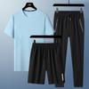 Traje de Verão Masculino de Três Peças Gelo Real Seda Manga Curta Camiseta Masculina Conjunto Longo Calças Shorts Esportivo Casual N