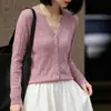 Cardigan de Bambu com Gola V Estilo Coreano Novo para Primavera e Outono para Mulheres, Simples e Versátil, Jaqueta Casual de Manga Longa, Transfronteiriço