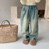 Pantalones para Niños 2025 Invierno Nuevo Estilo Coreano para Niñas Vaqueros Blancos Lavados Rectos Pantalones Largos Casuales Engrosados con Forro Polar para Niños