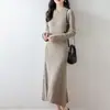 Vestido Largo de Punto Trenzado 100% Lana para Mujer, Cuello Redondo, Manga Larga, Jersey, Casual, Versátil Vestido de Cachemira de Corte A