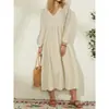 Vestido de Verano Nuevo de Moda Holgado de Manga Larga con Cuello en V de Longitud Media Cintura Alta Falda de Color Sólido Línea A Venta al por Mayor Transfronteriza