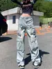 Calça Jeans Workwear Retrô Americana com Múltiplos Bolsos para Mulheres, Lançamento 2025 Cintura Alta Solta Perna Reta Emagrecedora Comprimento Total