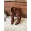 Zapatos de Mujer Estilo Coreano 2026 Punta Fina Tacón de Aguja Botas Apiladas Mujer Hebilla de Cuero Botas de Media Caña Fruncidas Botas de Moda Estilo Occidental