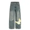 Pantalones Vaqueros Rectos con Parches Estilo Retro Americano Desgastado, Mariposa, para Hombres y Mujeres, Nuevo Estilo Primavera, Corte Holgado, Adelgazantes, Casual, Pierna Ancha