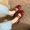 Versão em Couro~Novo Estilo Primavera 2026 Sandálias Quadradas de Salto Baixo Abertas Atrás Sapatos Mary Jane para Mulheres Verão