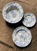 Porcelana amarilla vintage original con motivos florales azules, plato para bistec estilo francés, plato plano, plato hondo, taza y plato para el té de la tarde, decoración bajo vidriado