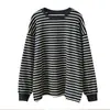 Camisa Listrada Azul Marinho de Manga Longa, Pulôver Juvenil de Caimento Solto, Camiseta de Algodão Puro com Gola Redonda Feminina para Primavera e Outono
