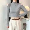 Top de patchwork negro de cuello medio alto con hombros descubiertos y abdomen al descubierto, camiseta base de manga larga ajustada para primavera y verano, moderno