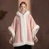 Capa para Mujer, Ropa de Abrigo Otoño e Invierno Forrada de Polar Lana Sintética Copo de Nieve Rosa Corte Holgado Oversize Cuello de Piel Abrigo Grueso Poncho