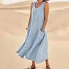 Amazon Estación Independiente Wish2023 Verano Europeo y Americano Exportación Pantalones con Bolsillo de Solapa Vestido de Algodón y Lino para Mujer sin Mangas con Cuello Redondo