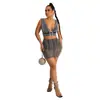 C6037 Transfronterizo Aliexpress Amazon Moda Europea y Americana Ropa para Mujer Cuello en V Sin Mangas Falda Corta Malla Pedrería Conjunto de Dos Piezas para Mujer