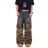 Jeans Americanos Lavados Desgastados para Hombre, Jeans de Trabajo Sueltos Camuflaje Desgastados Retro de Dos Piezas Falsas para Hombres y Mujeres