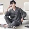 Pijama Masculino de Seda Gelada Fina de Manga Longa para o Verão, Conjuntos de Roupas para Ar Condicionado de Tamanho Grande, Roupas Casuais Soltas para Casa da Primavera e Outono